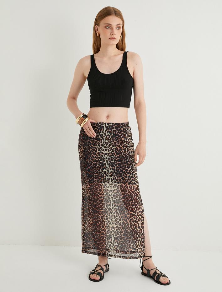  Leopar Desenli Uzun Etek Tül Astarlı