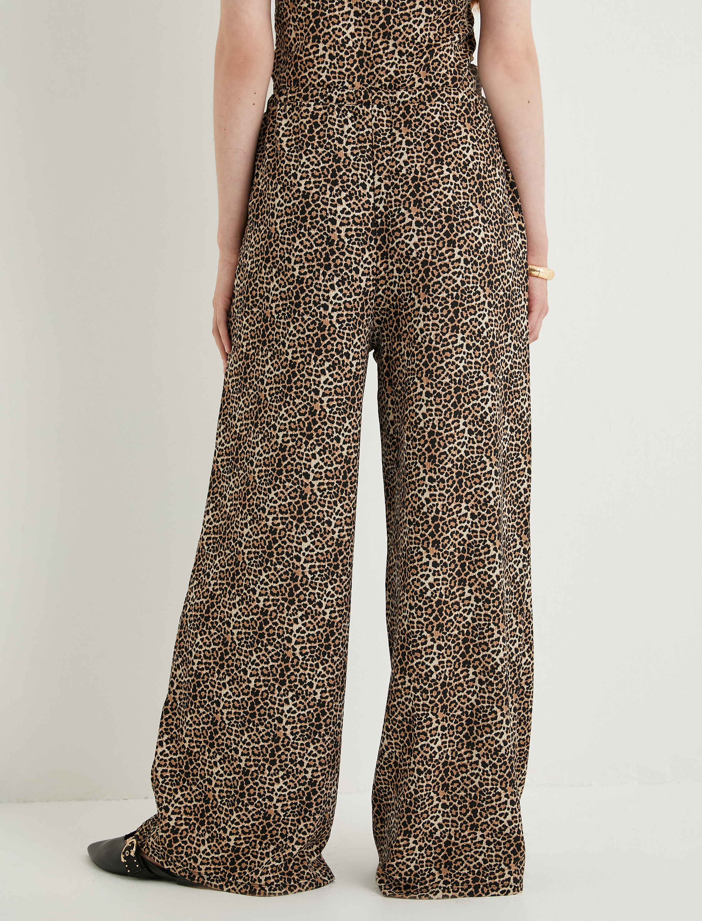   Leopar Desenli Pantolon Wide Leg Beli Bağcıklı Relax Fit Bürümcük