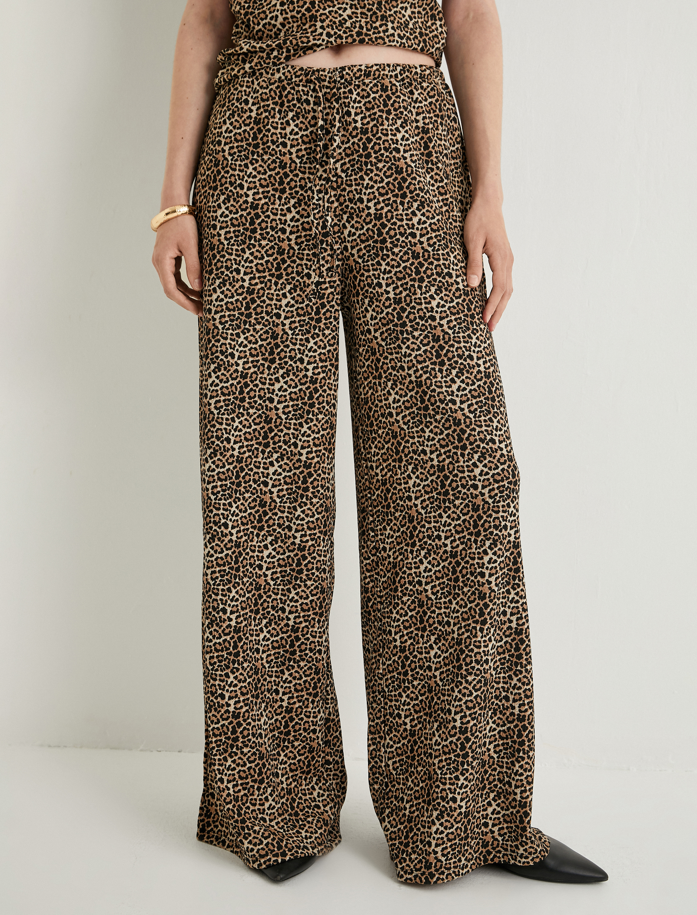  Leopar Desenli Pantolon Wide Leg Beli Bağcıklı Relax Fit Bürümcük
