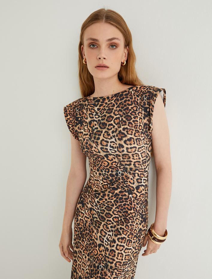  Leopar Desenli Uzun Elbise Kolsuz Bisiklet Yaka