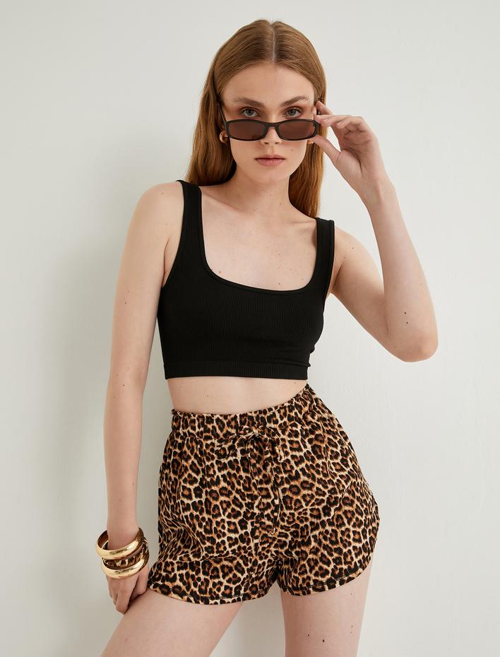  Mini Şort Leopar Desenli Beli Bağcıklı Slim Fit Bürümcük