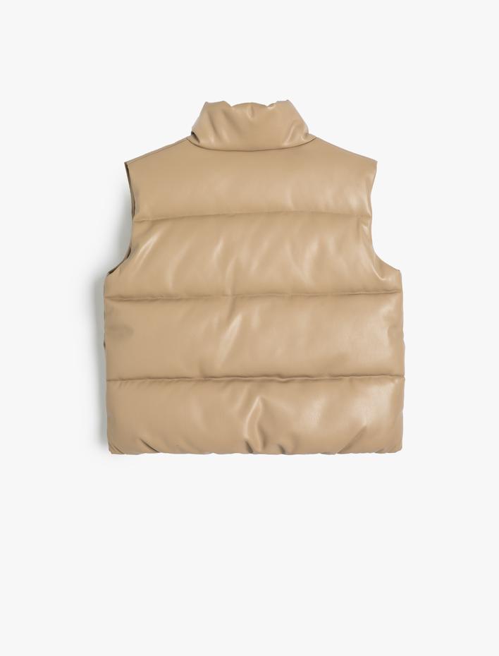 Kız Çocuk Şişme Yelek Deri Görünümlü Çıtçıt Kapamalı Dik Yaka Su Geçirmez