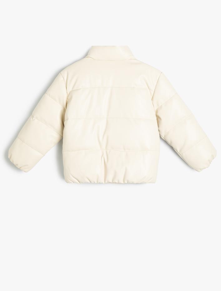 Kız Çocuk Oversize Şişme Mont Deri Görünümlü Dik Yaka Su Geçirmez