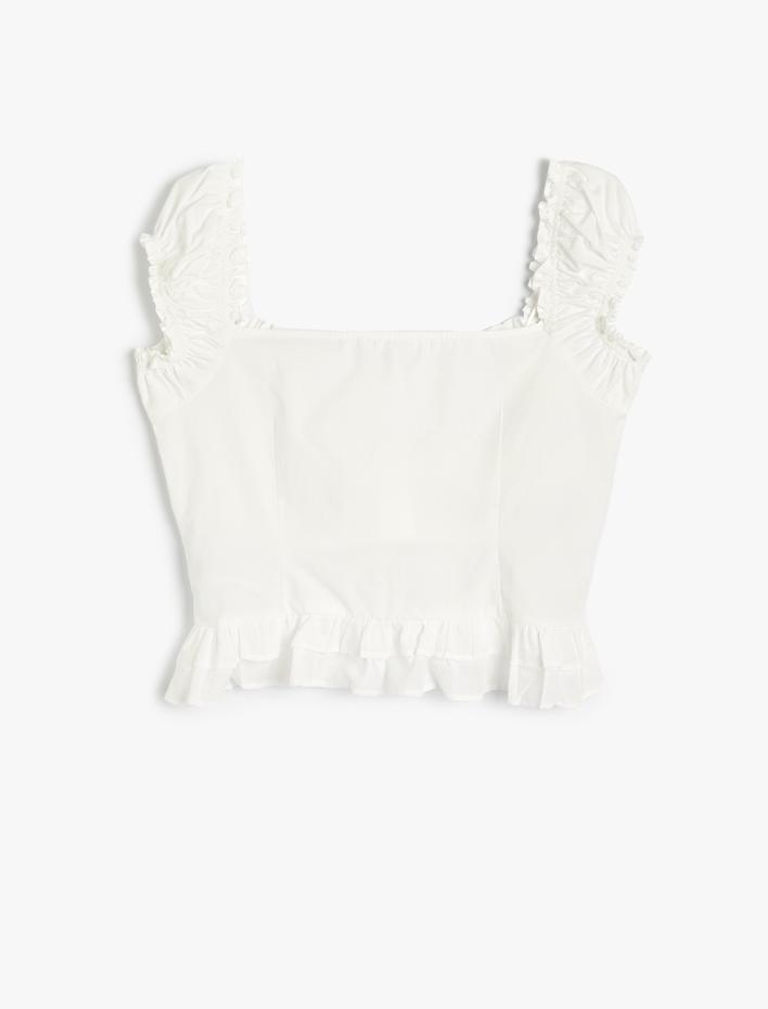  Poplin Bluz Crop Fırfırlı Kalın Askılı Düğmeli Kalp Yaka