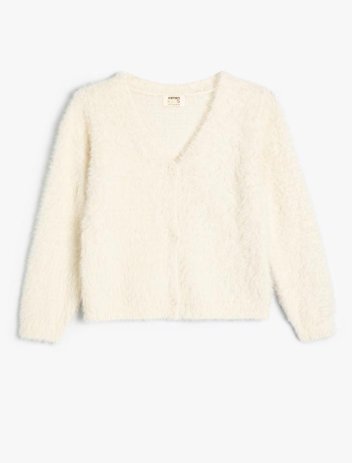 Kız Çocuk Peluş Hırka V Yaka Uzun Kollu