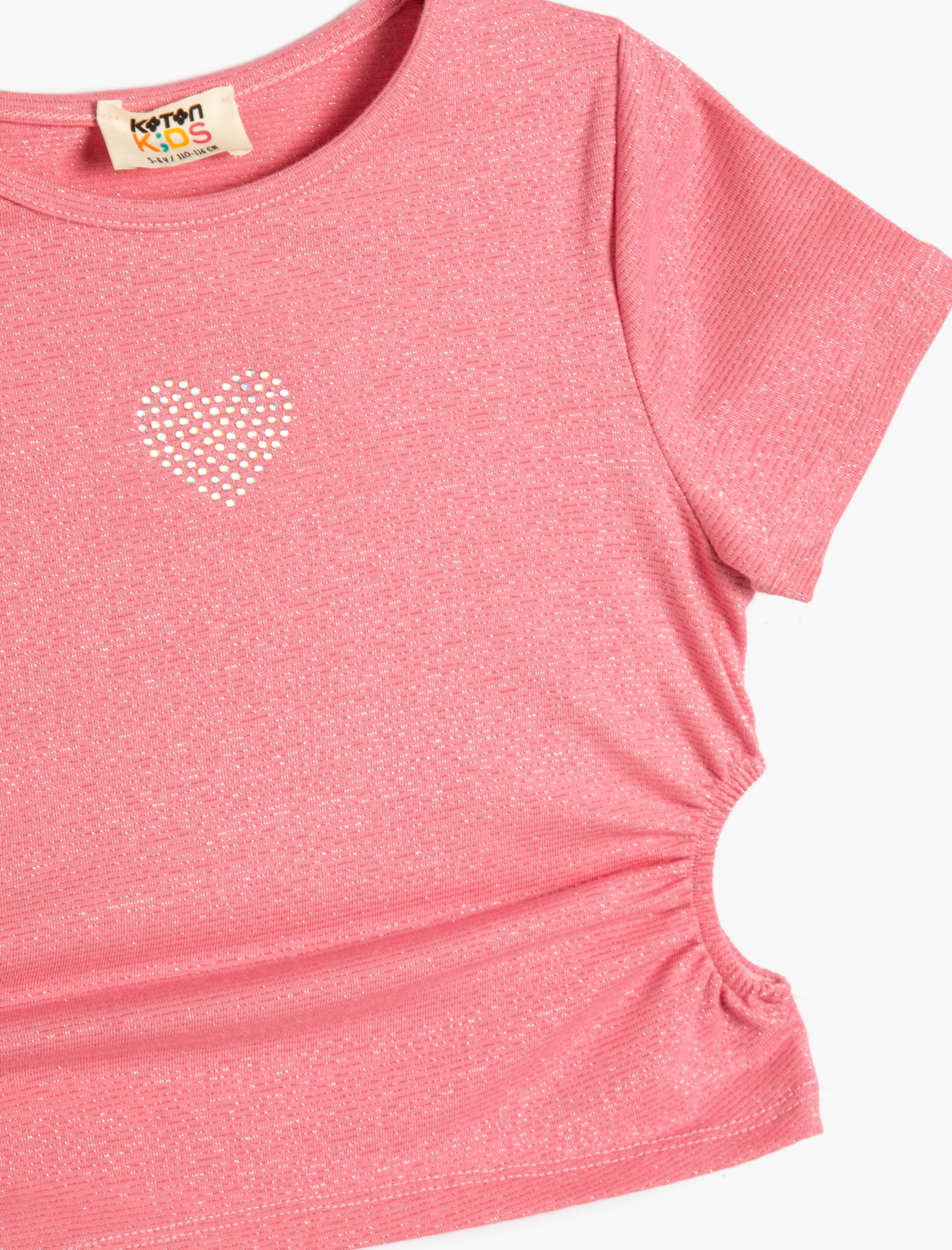  Kız Çocuk Crop Bluz Pencere Detaylı Kısa Kollu Yuvarlak Yaka Pamuklu