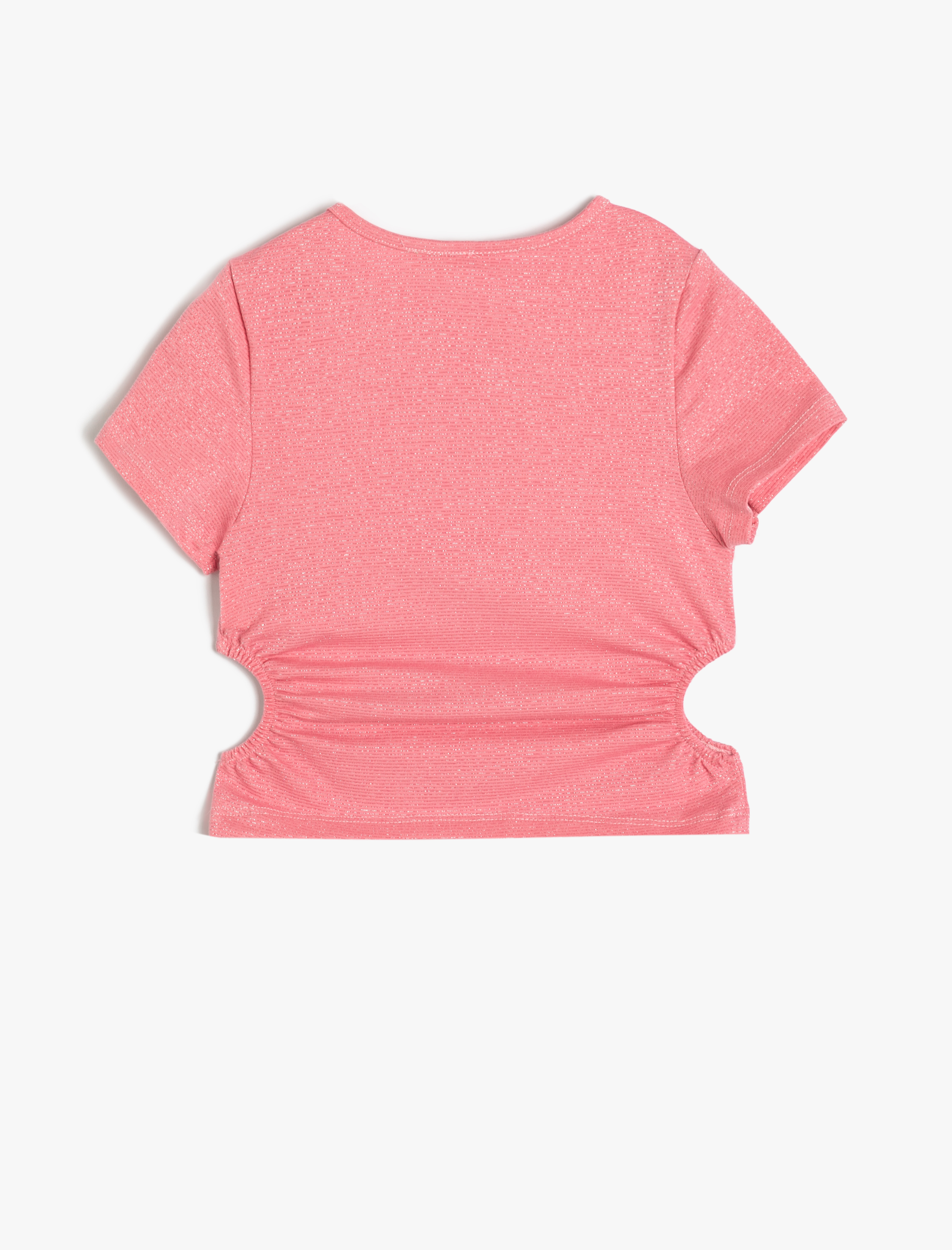  Kız Çocuk Crop Bluz Pencere Detaylı Kısa Kollu Yuvarlak Yaka Pamuklu