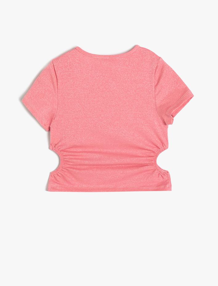 Kız Çocuk Crop Bluz Pencere Detaylı Kısa Kollu Yuvarlak Yaka Pamuklu