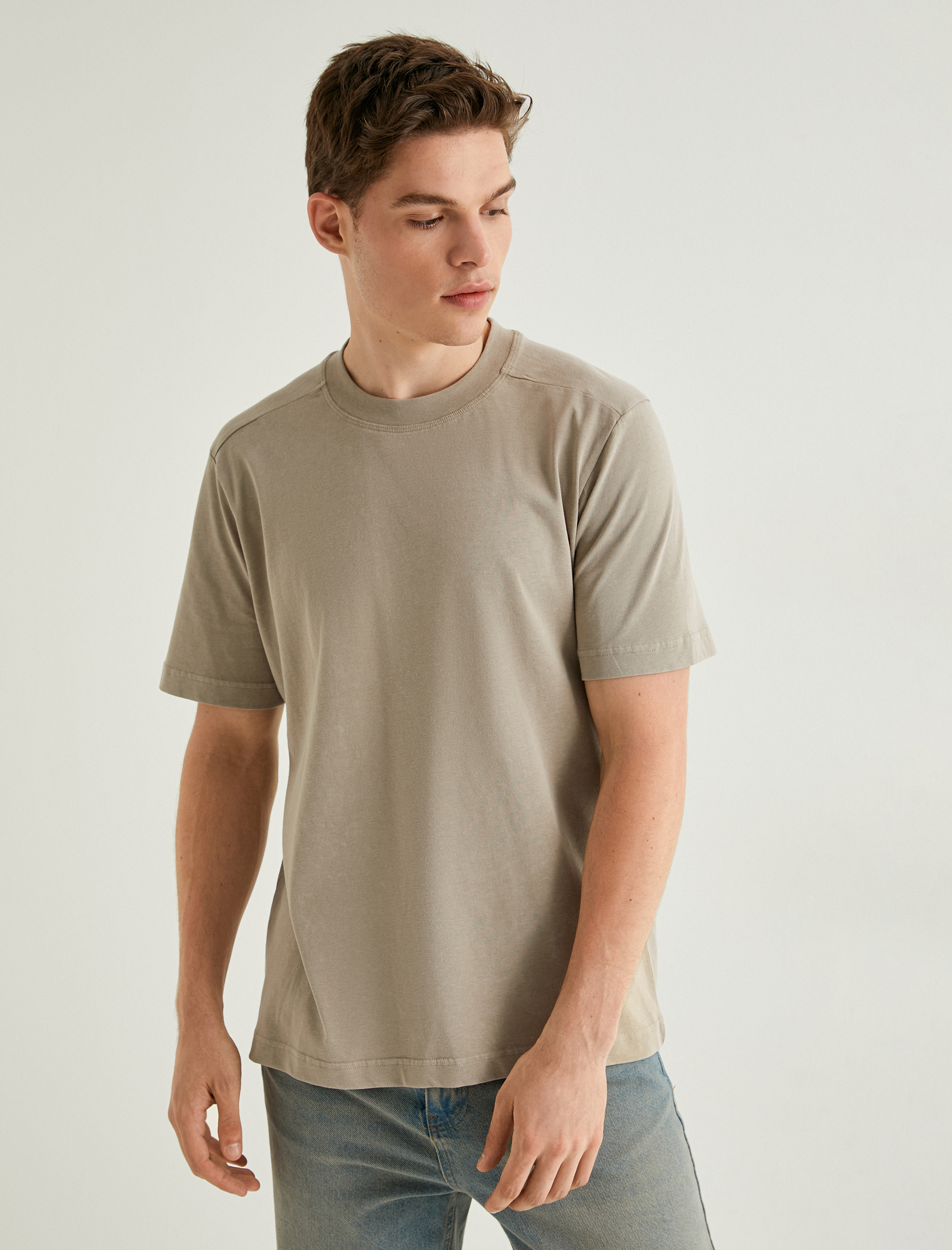   Yıkamalı Tişört Bisiklet Yaka Kısa Kollu Pamuklu