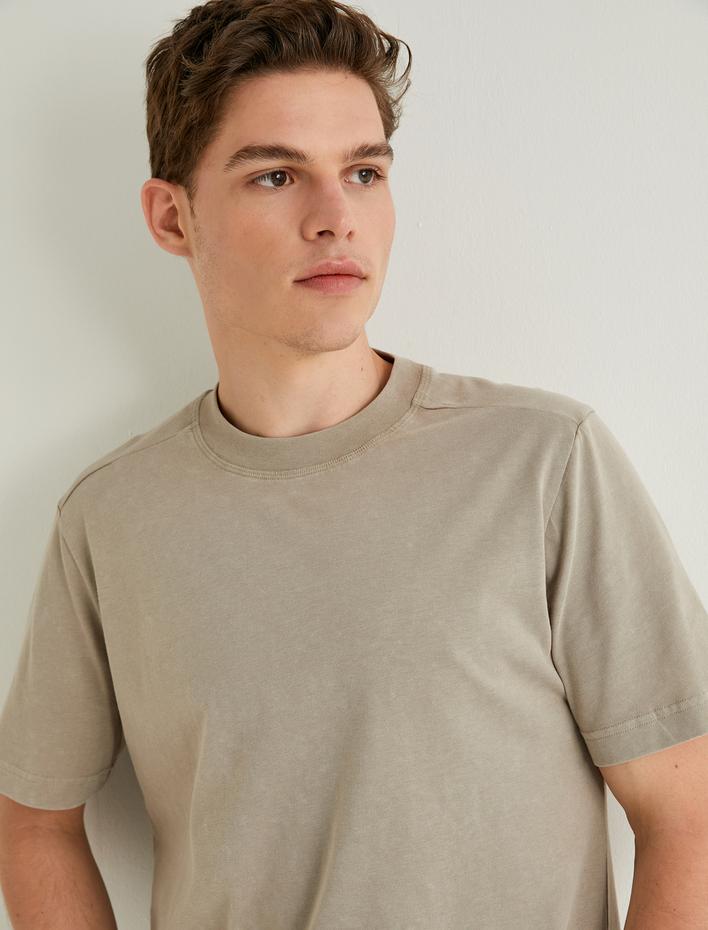  Yıkamalı Tişört Bisiklet Yaka Kısa Kollu Pamuklu