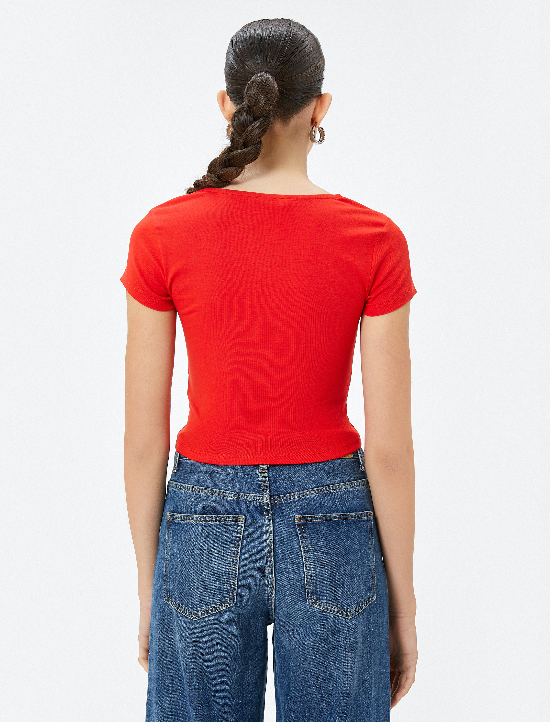 Asimetrik Yaka Tişört Kısa Kollu Pamuklu