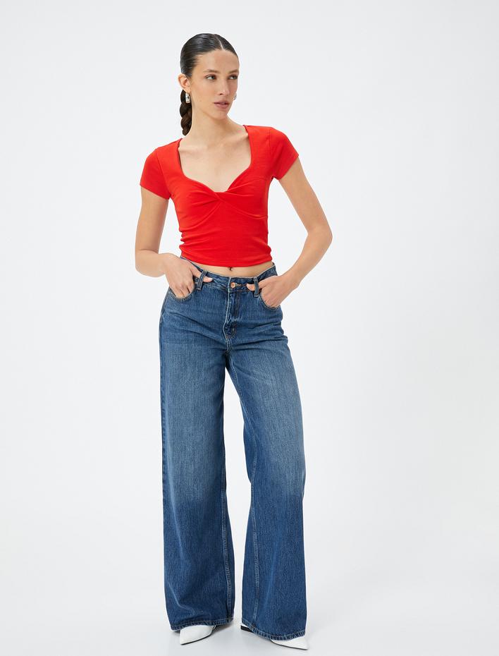  Asimetrik Yaka Tişört Kısa Kollu Pamuklu