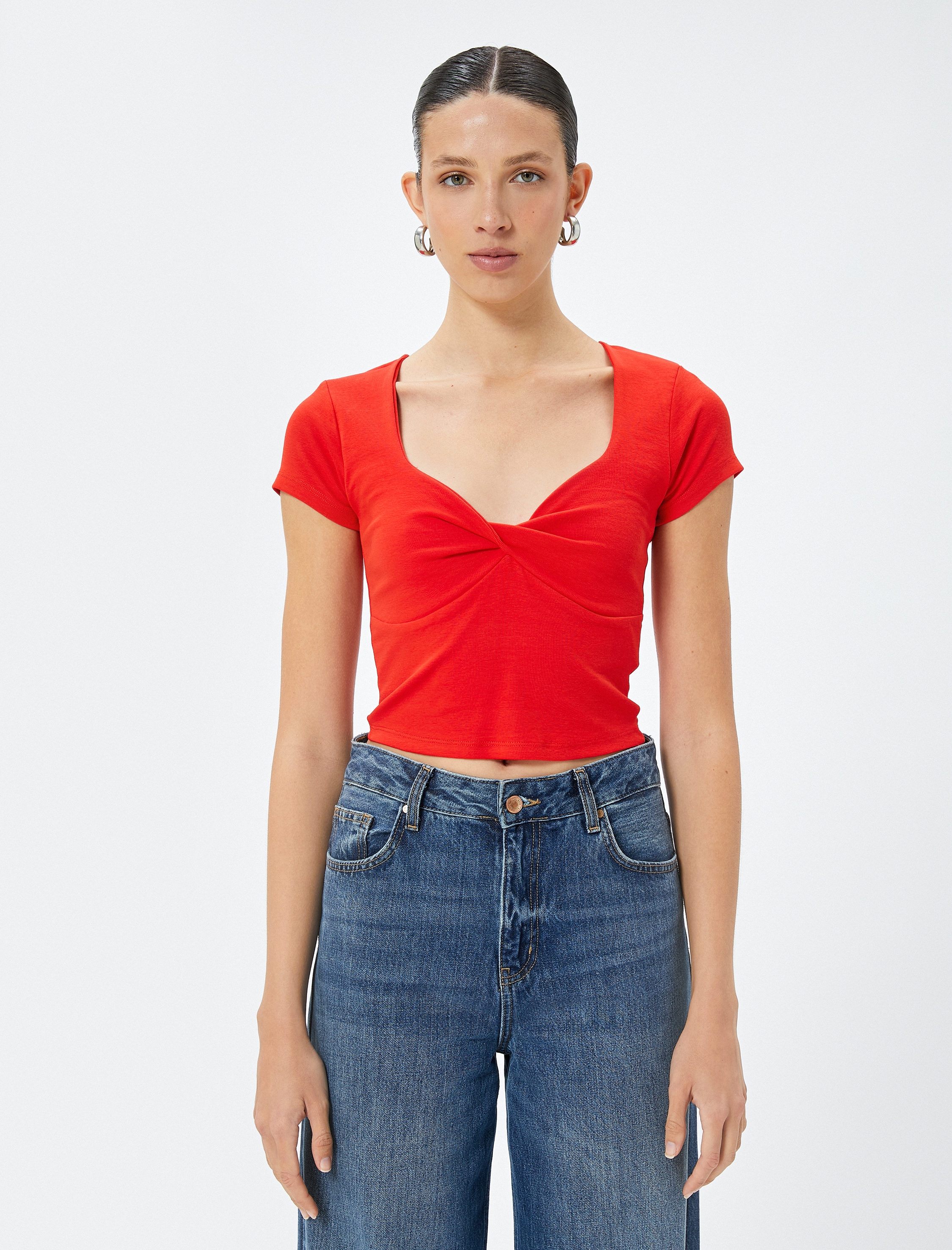 Asimetrik Yaka Tişört Kısa Kollu Pamuklu