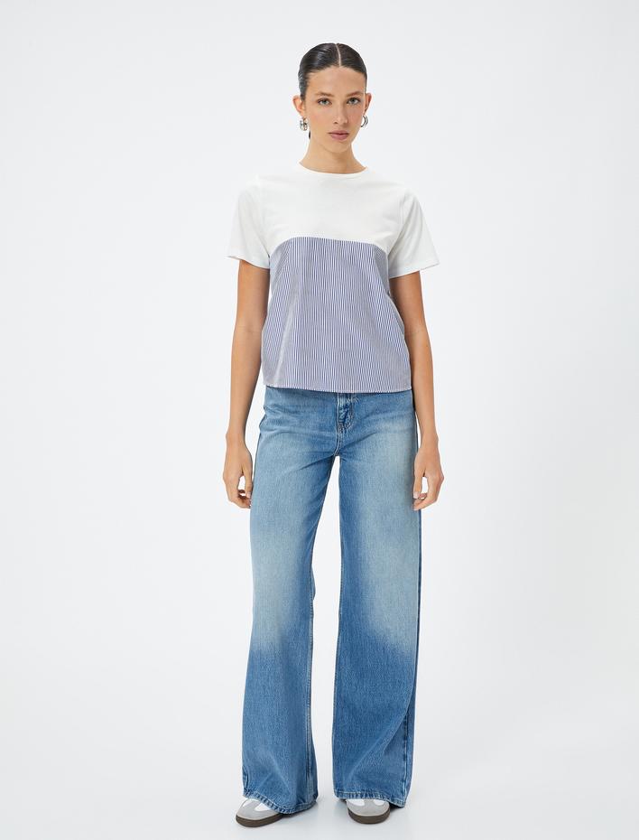  Çizgili Tişört Arkası Düğüm Detaylı Kısa Kollu Bisiklet Yaka