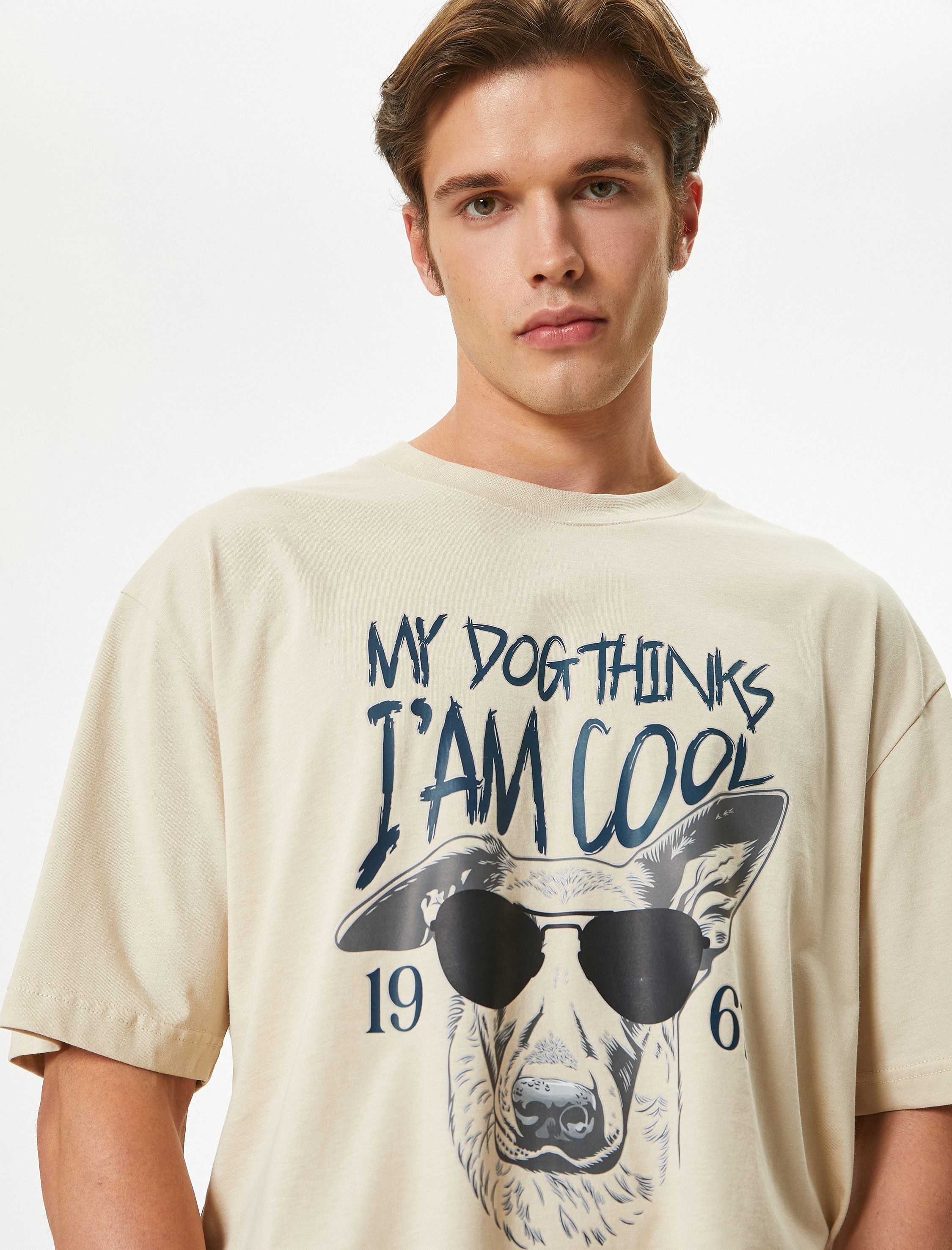 Koton Erkek Oversize T-Shirt Slogan Baskılı Kol Detaylı Kısa Kollu Bisiklet Yaka Pamuklu