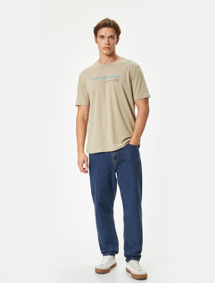  Slogan Baskılı Tişört Kısa Kollu Bisiklet Yaka Pamuklu