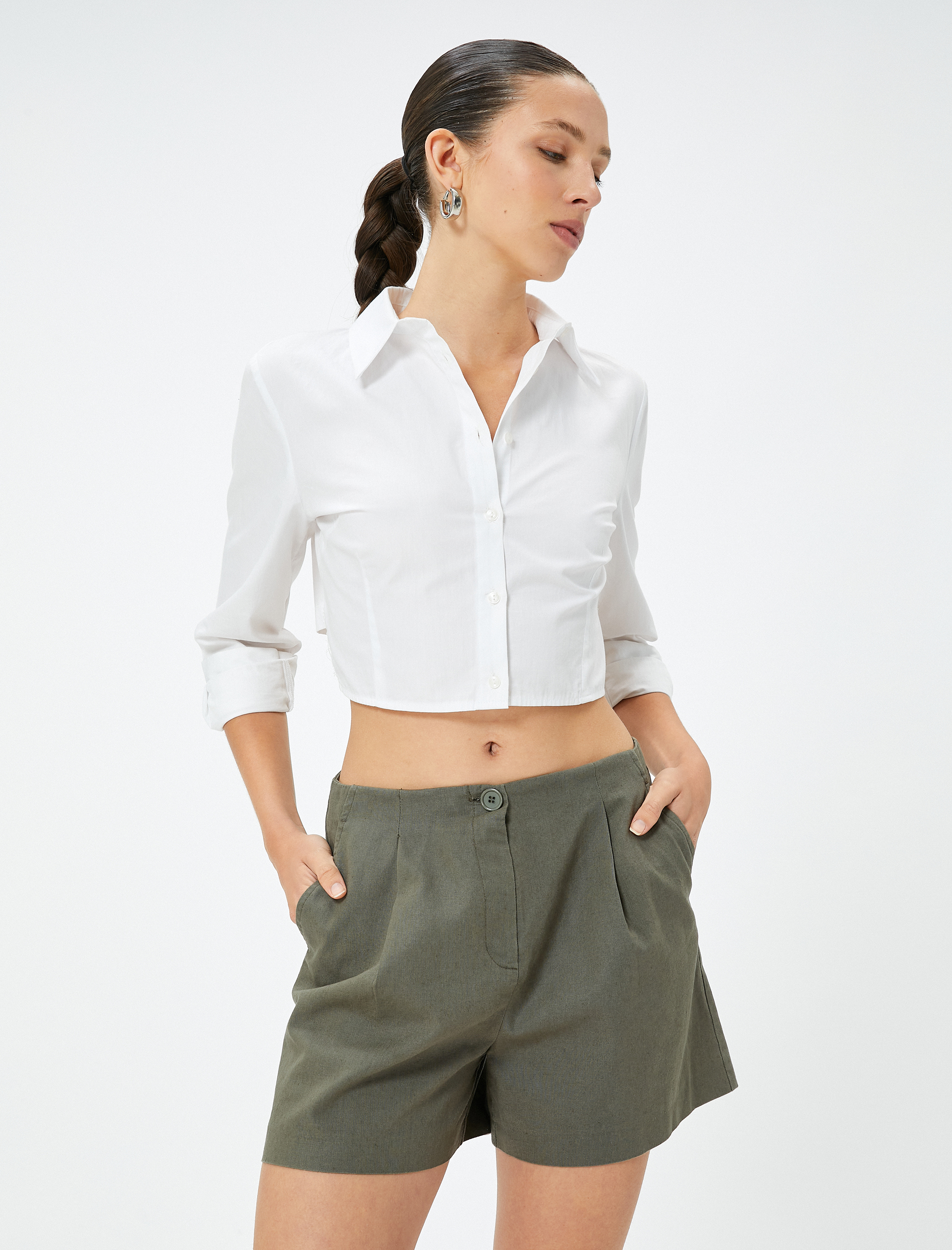   Keten Şort Pileli Cepli