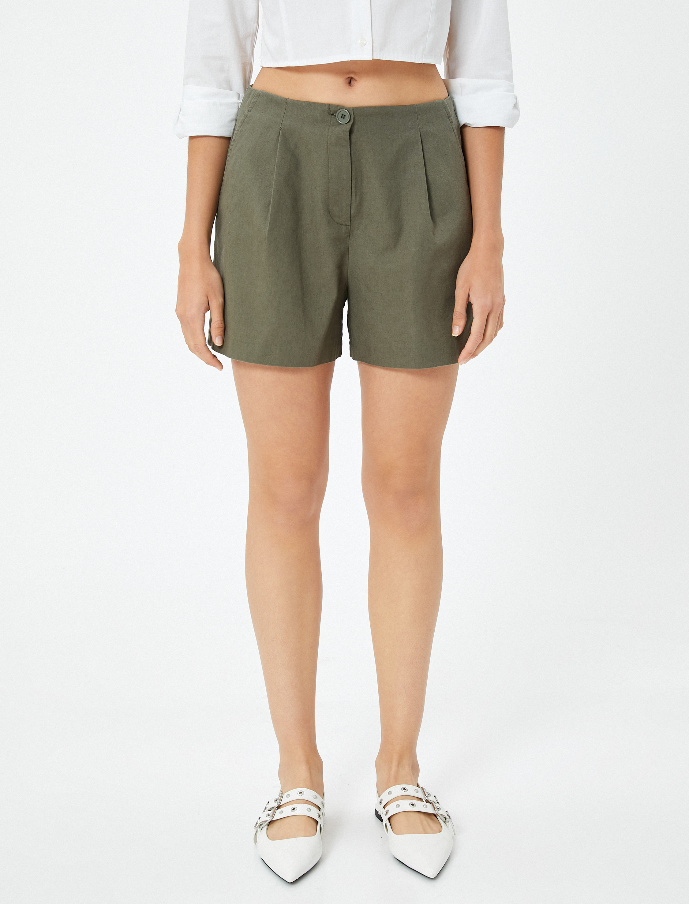   Keten Şort Pileli Cepli