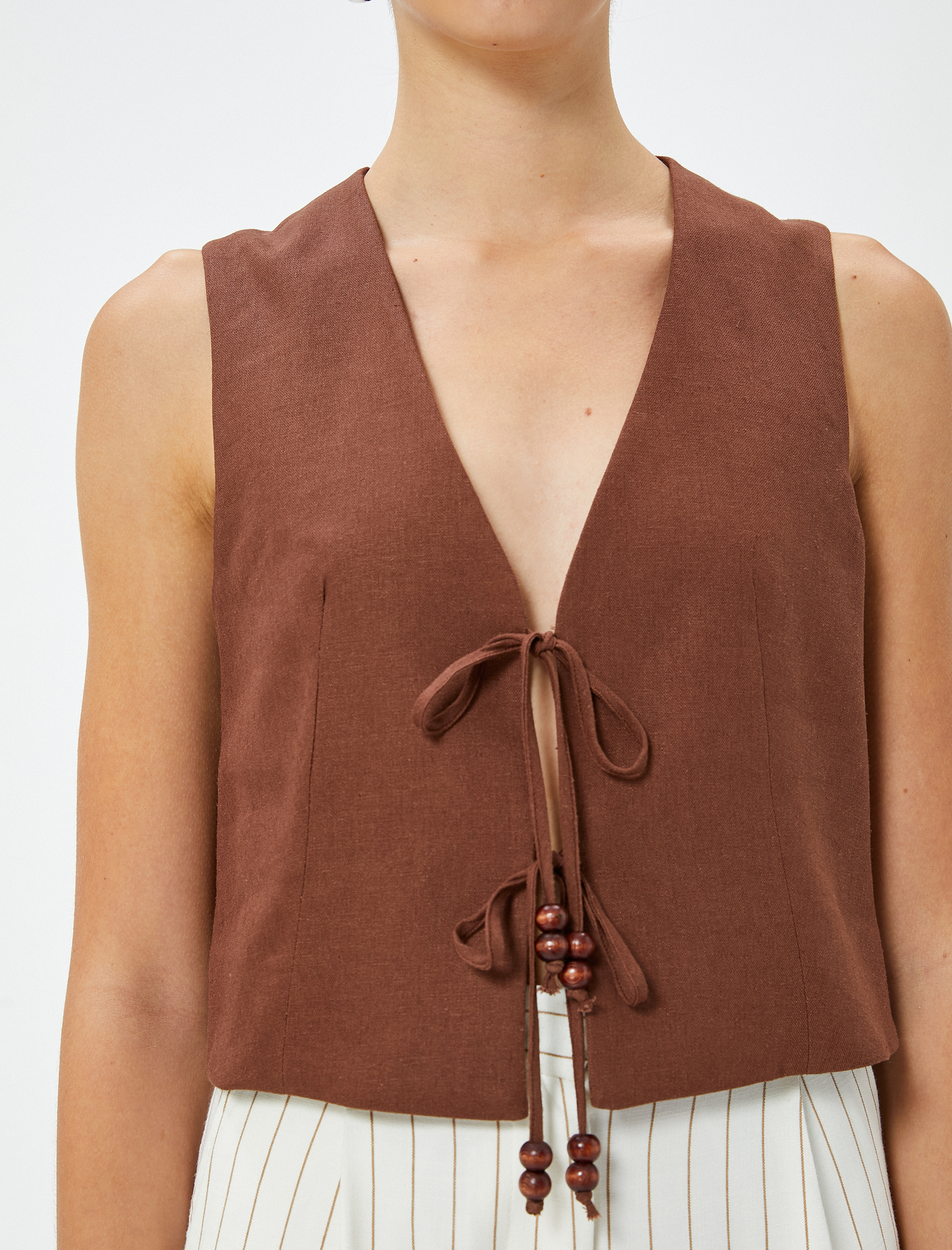   Crop Keten Yelek Fiyonk Bağlamalı Astarlı