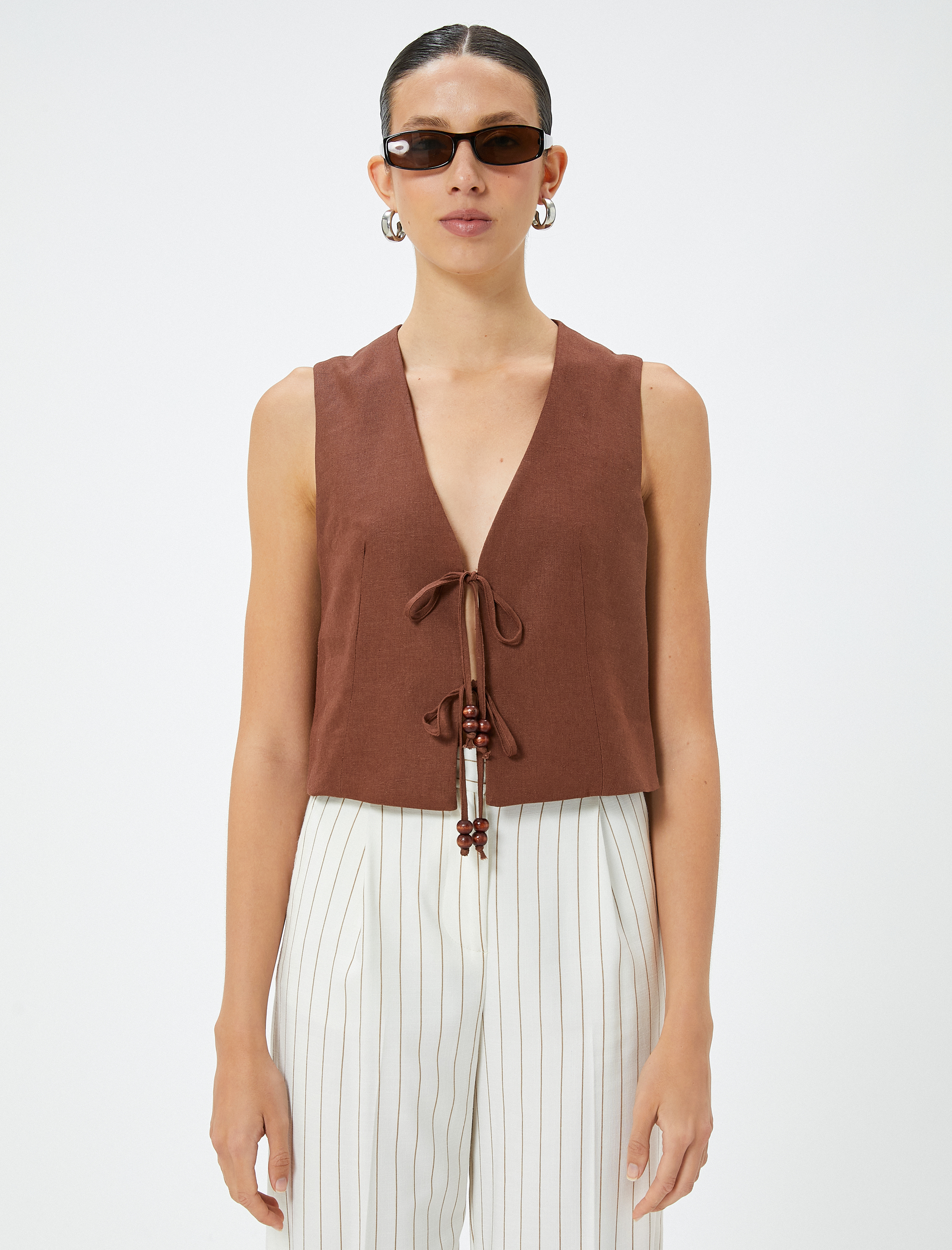   Crop Keten Yelek Fiyonk Bağlamalı Astarlı