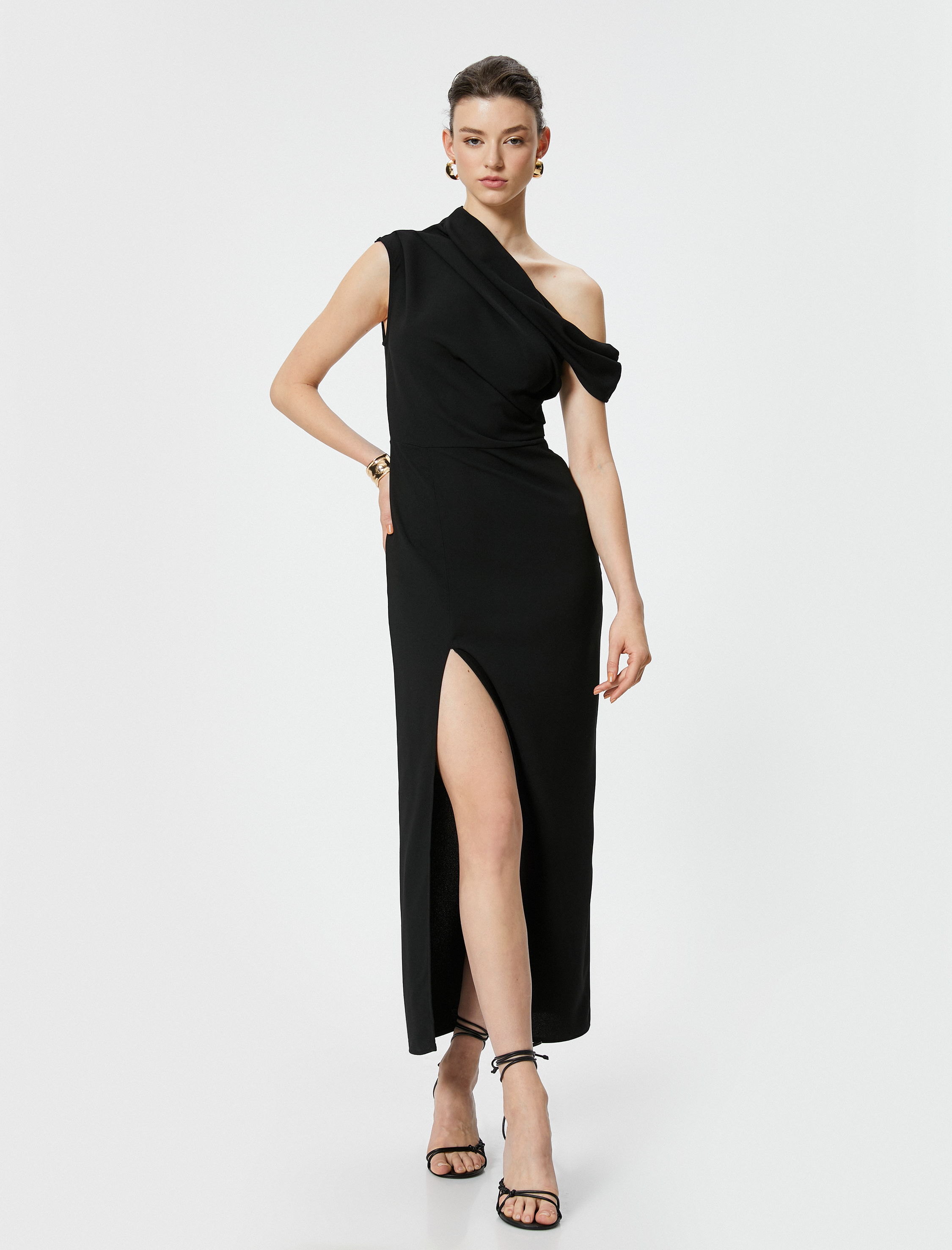   Tek Omuz Elbise Drapeli Midi Yırtmaçlı