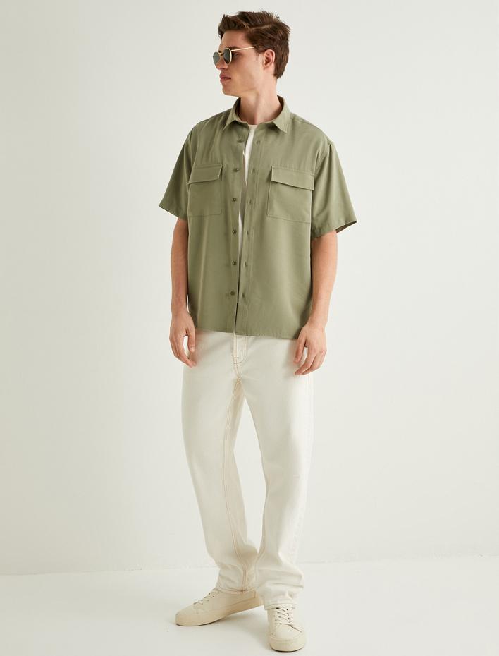  Kısa Kollu Gömlek Düğmeli Kapaklı Cep Detaylı Viskoz Kumaş Regular Fit