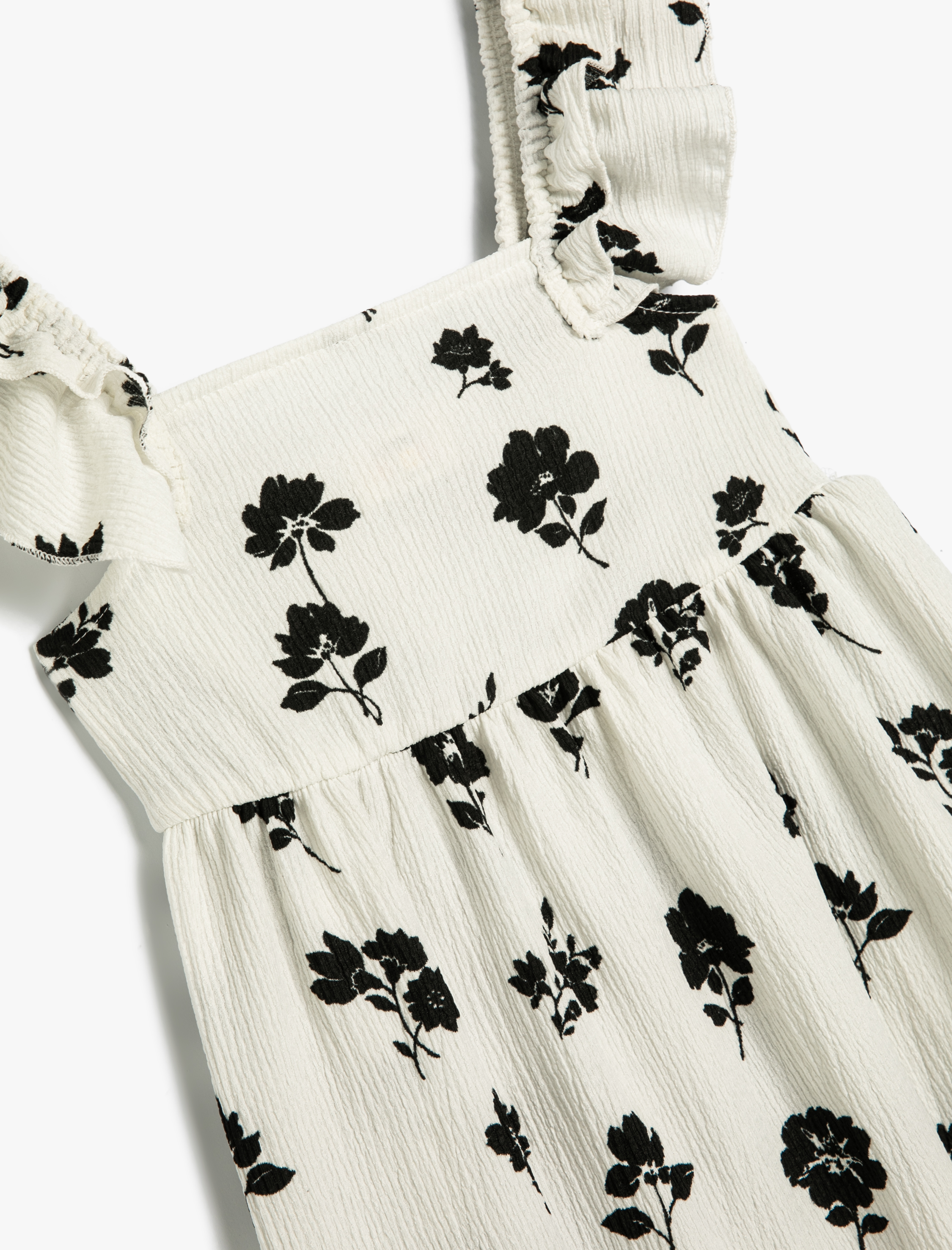  Kız Çocuk Askılı Elbise Fırfır Detaylı Çiçek Desenli Dokulu