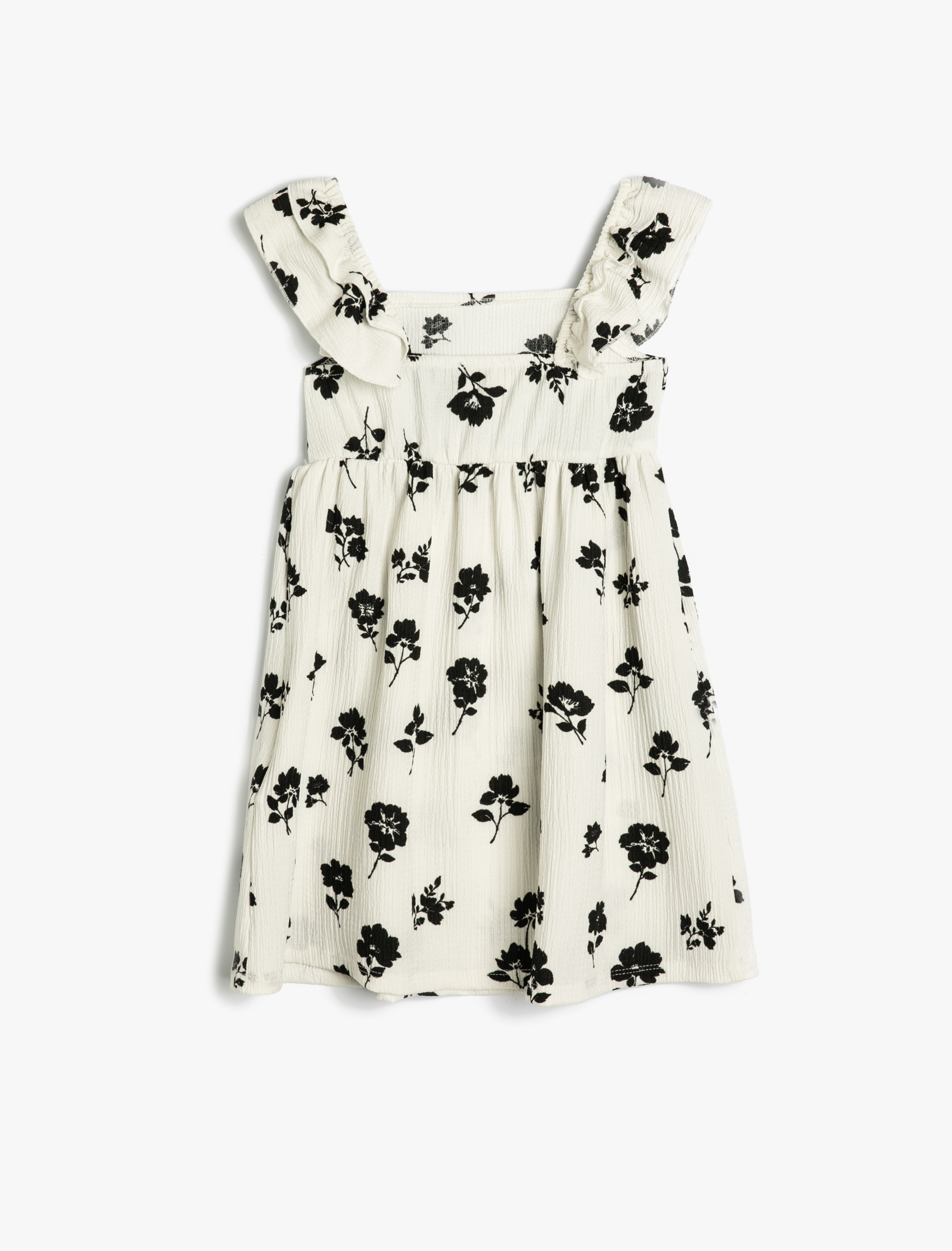  Kız Çocuk Askılı Elbise Fırfır Detaylı Çiçek Desenli Dokulu