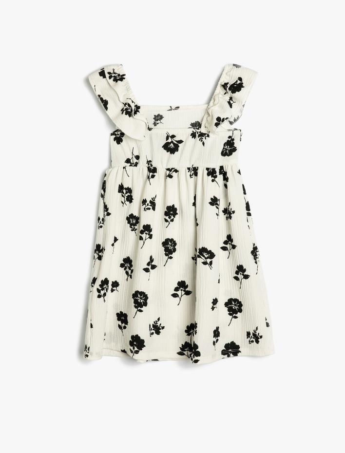 Kız Çocuk Askılı Elbise Fırfır Detaylı Çiçek Desenli Dokulu