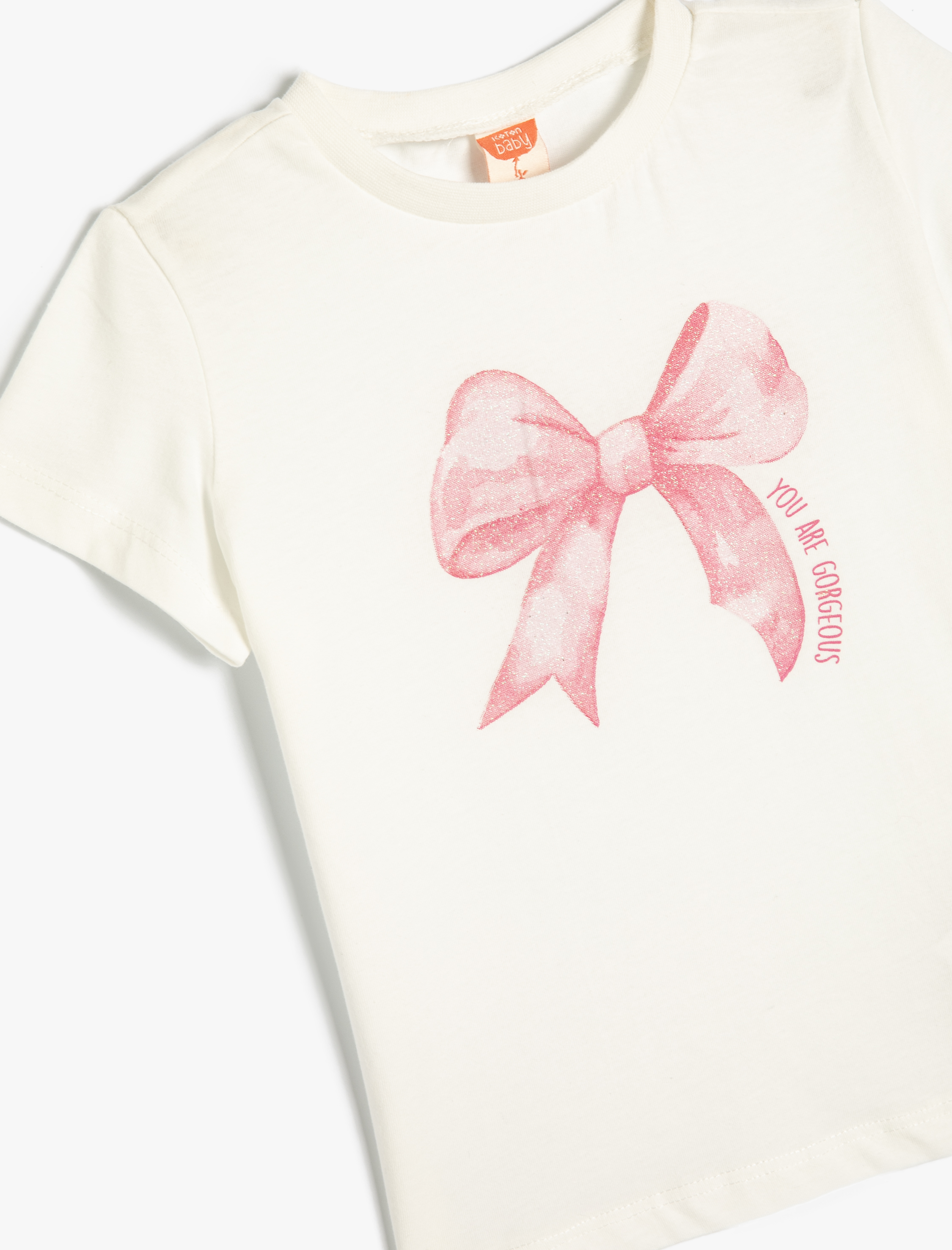  Kız Bebek Tişört Fiyonk Baskılı Kısa Kollu Bisiklet Yaka