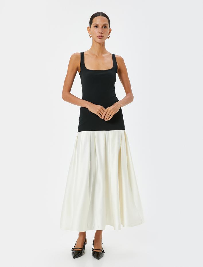  Midi Elbise U Yaka Kolsuz Renk Bloklu