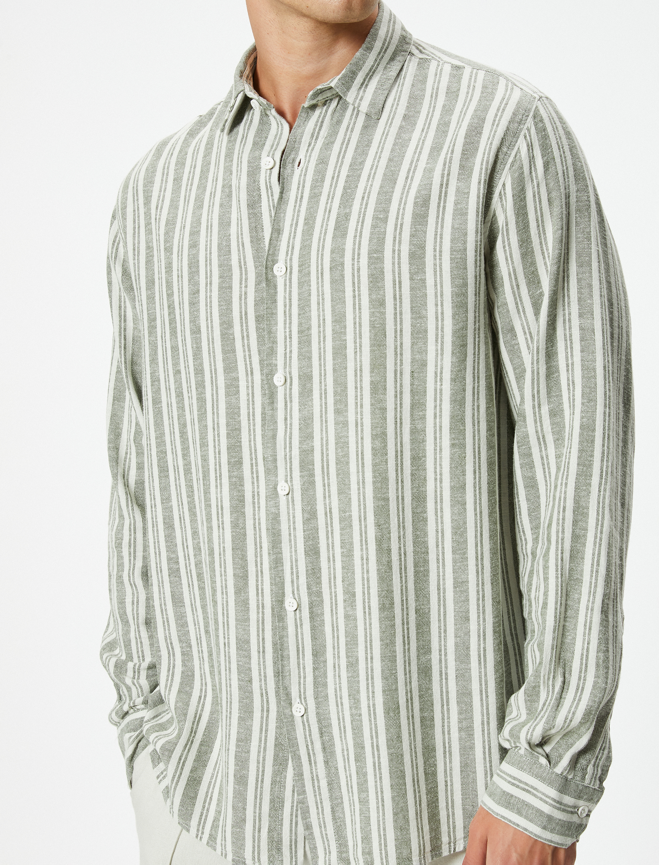   Uzun Kollu Gömlek Düğmeli Keten Karışımlı Regular Fit