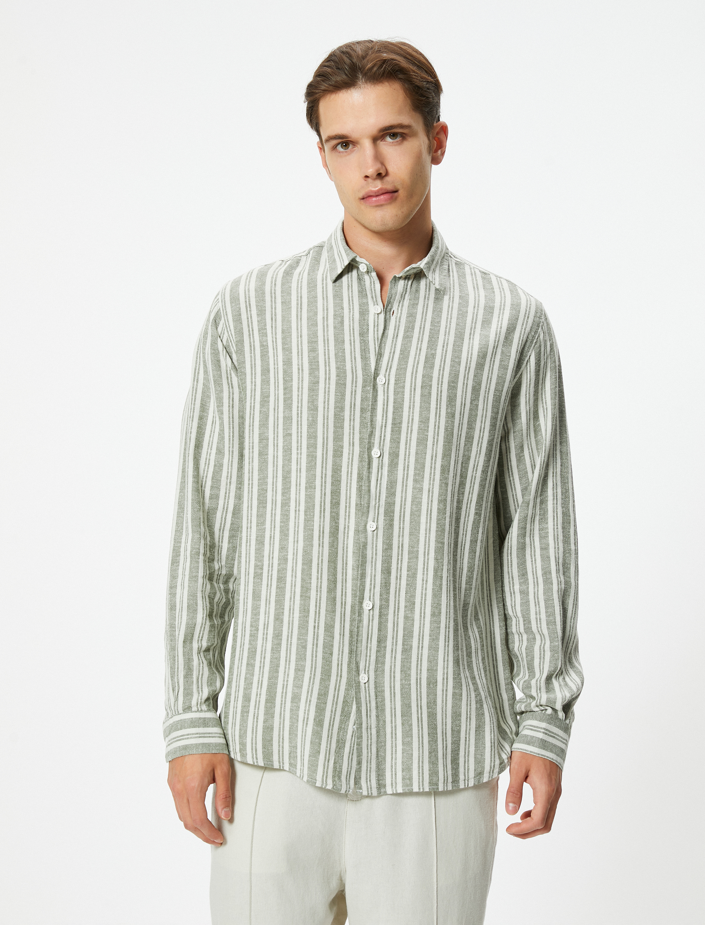   Uzun Kollu Gömlek Düğmeli Keten Karışımlı Regular Fit