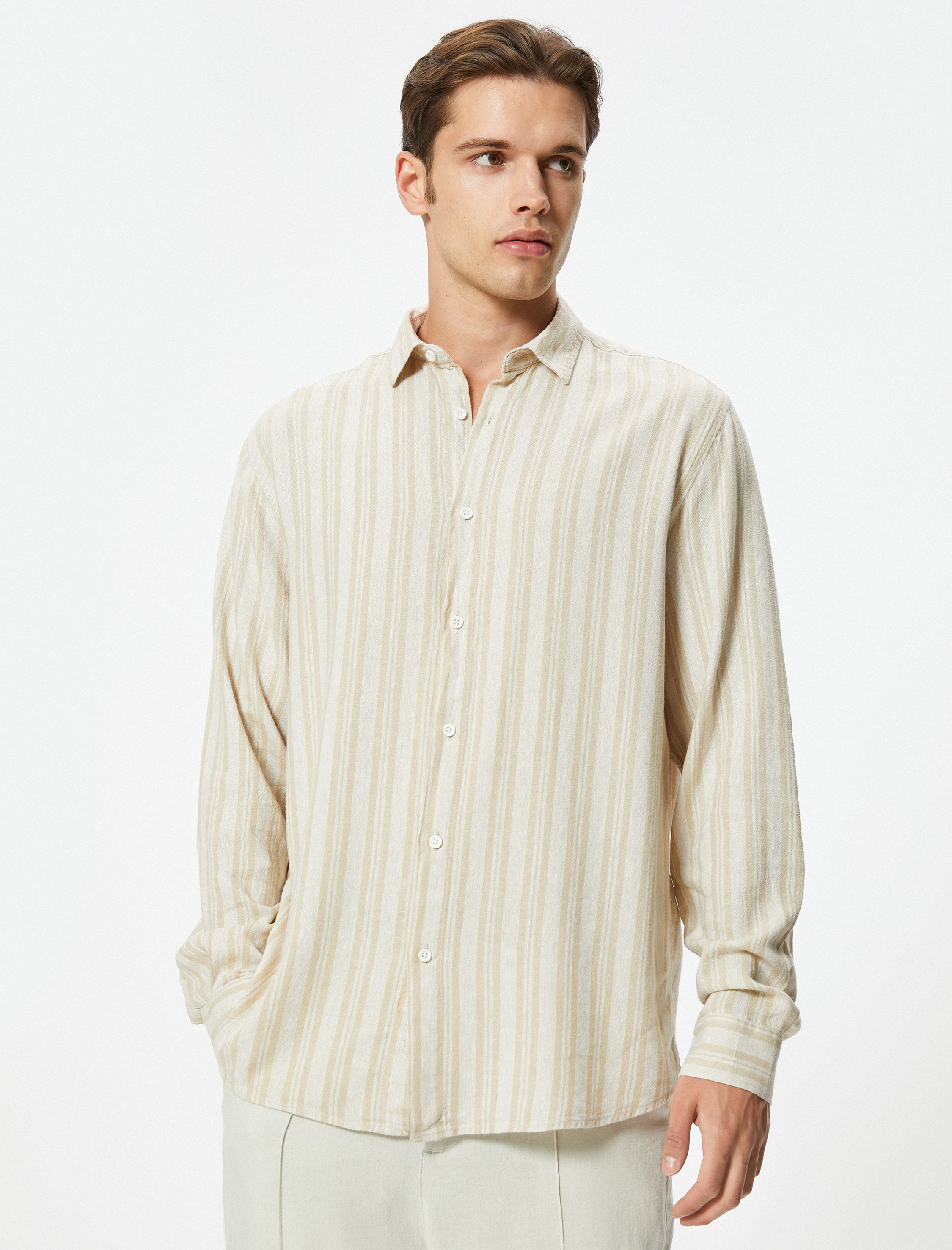 Uzun Kollu Gömlek Düğmeli Keten Karışımlı Regular Fit