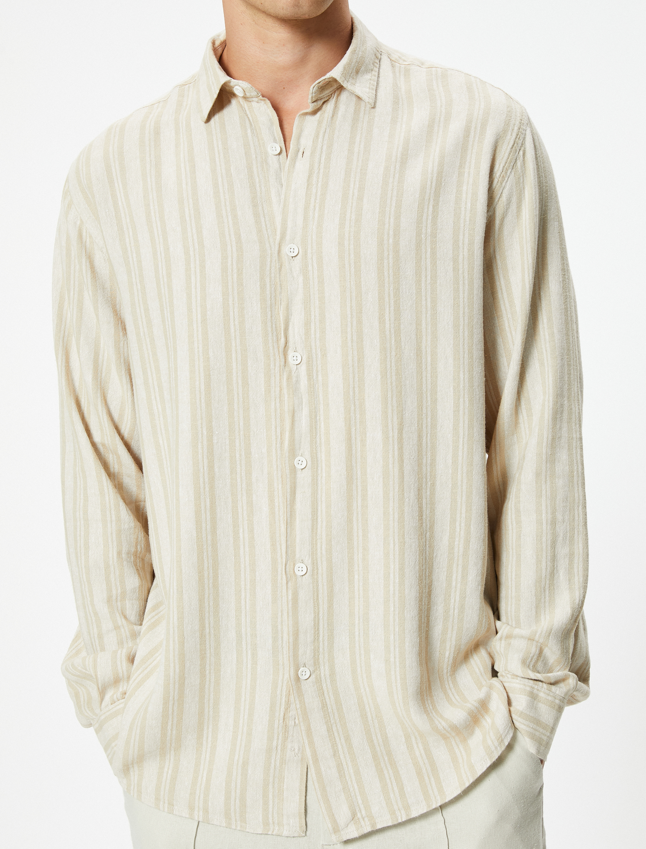 Uzun Kollu Gömlek Düğmeli Keten Karışımlı Regular Fit