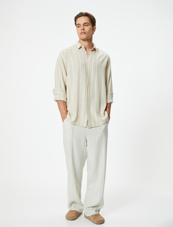  Uzun Kollu Gömlek Düğmeli Keten Karışımlı Regular Fit