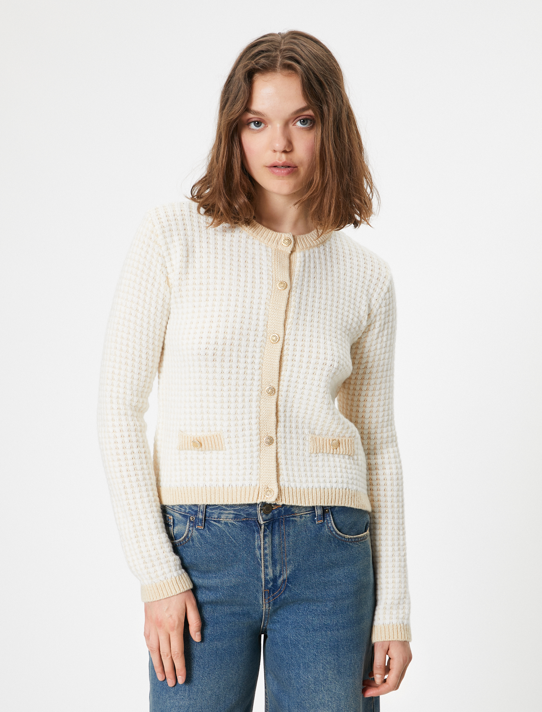   Triko Hırka Bisiklet Yaka Cep Detaylı Düğmeli Uzun Kollu