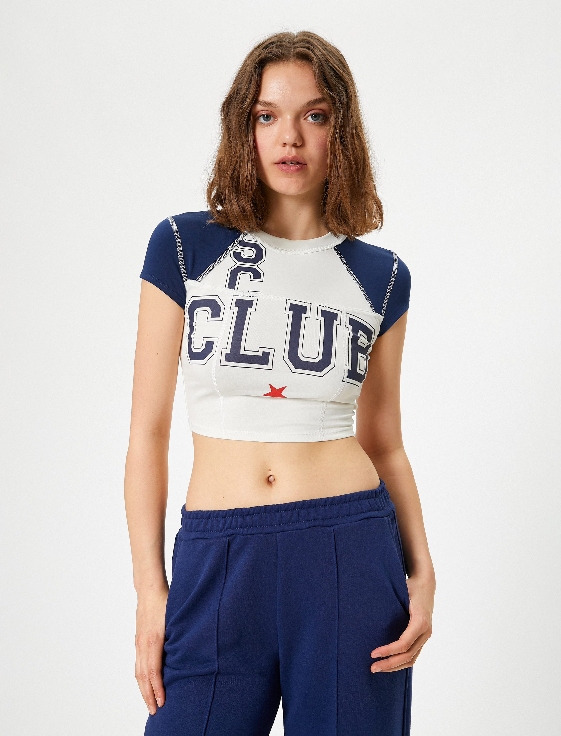   Crop Spor Tişört Kolej Baskılı Bisiklet Yaka Slim Fit