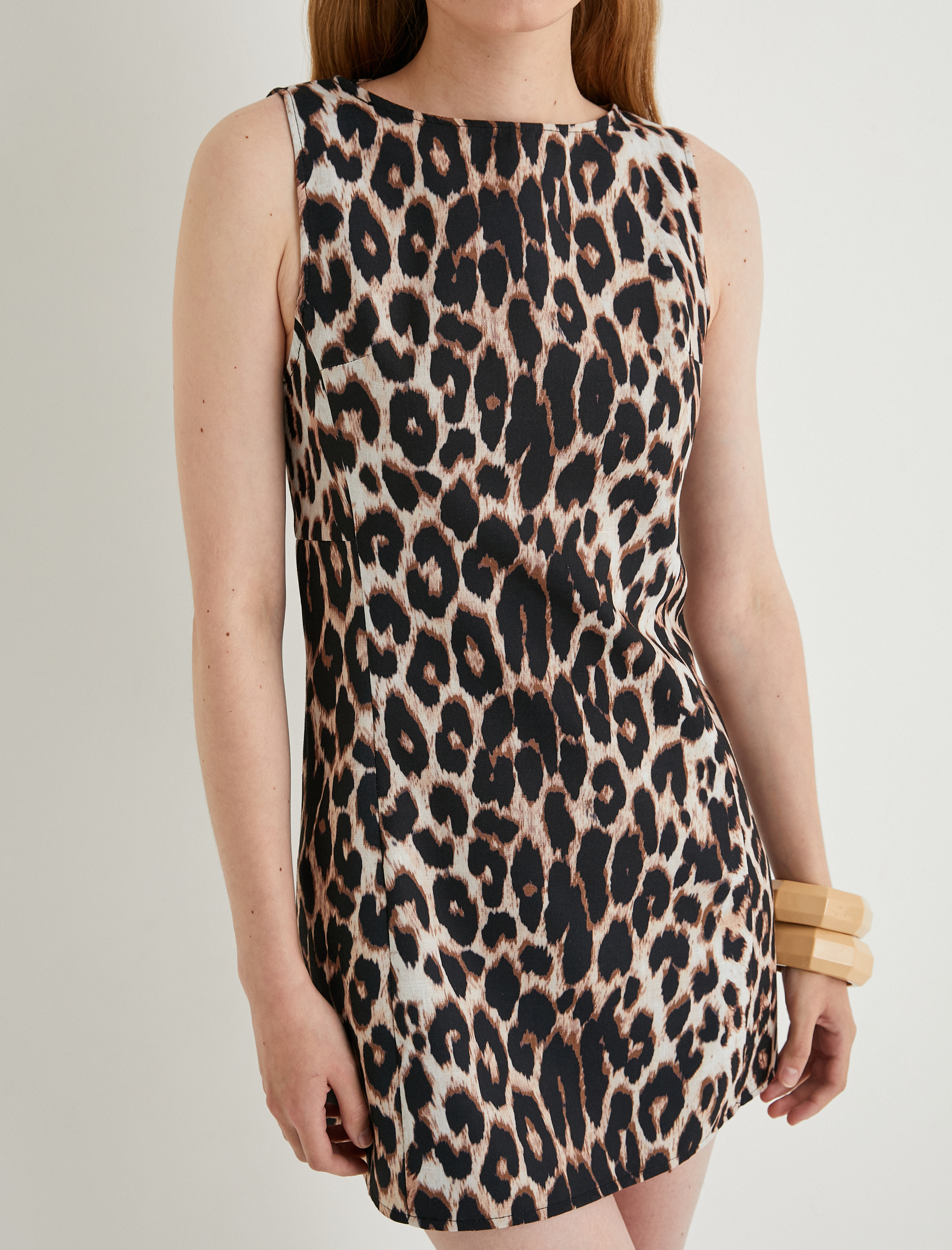 Leopar Desenli Elbise Mini Bisiklet Yaka Kolsuz