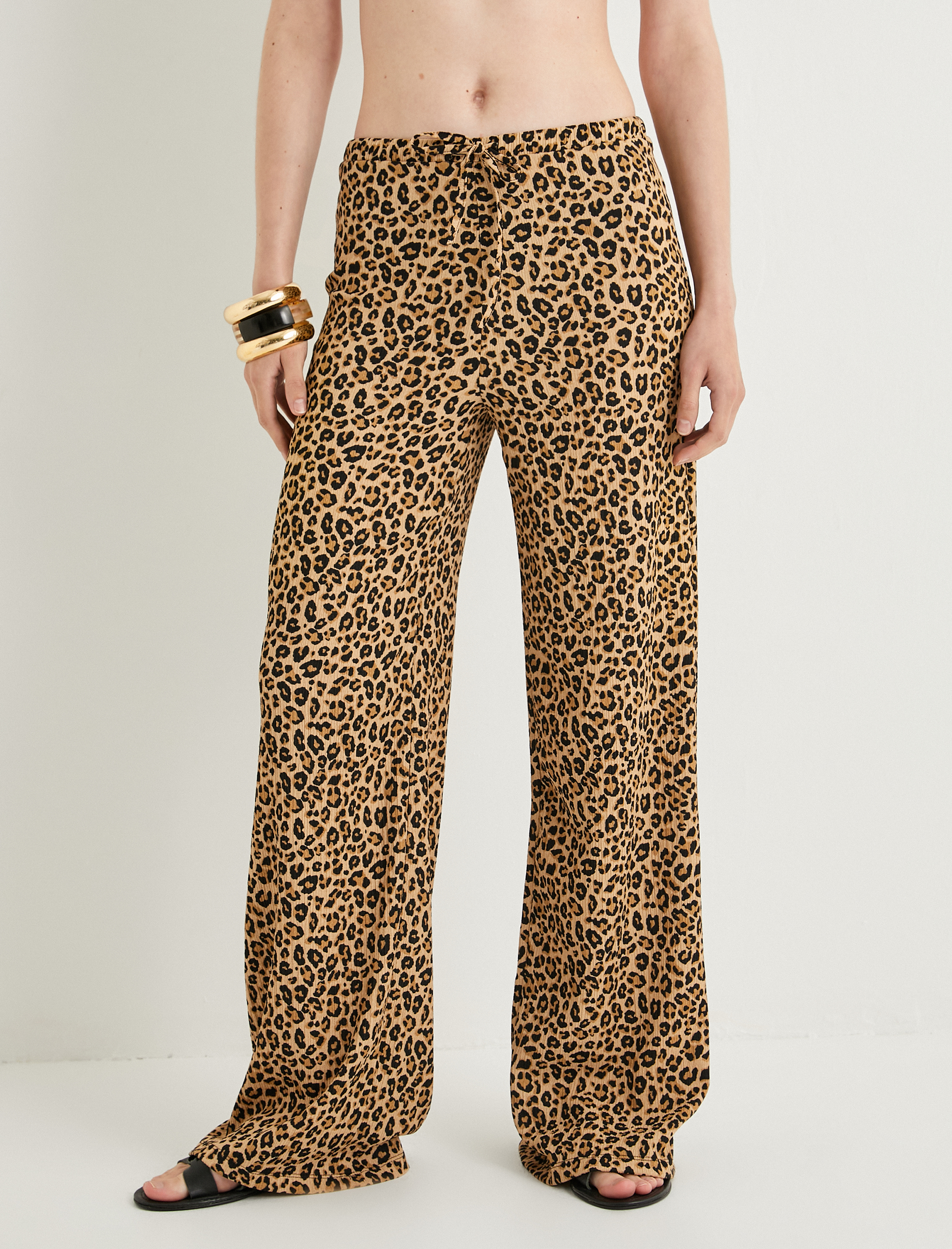   Leopar Desenli Pantolon Beli Bağcıklı Relax Fit Bürümcük