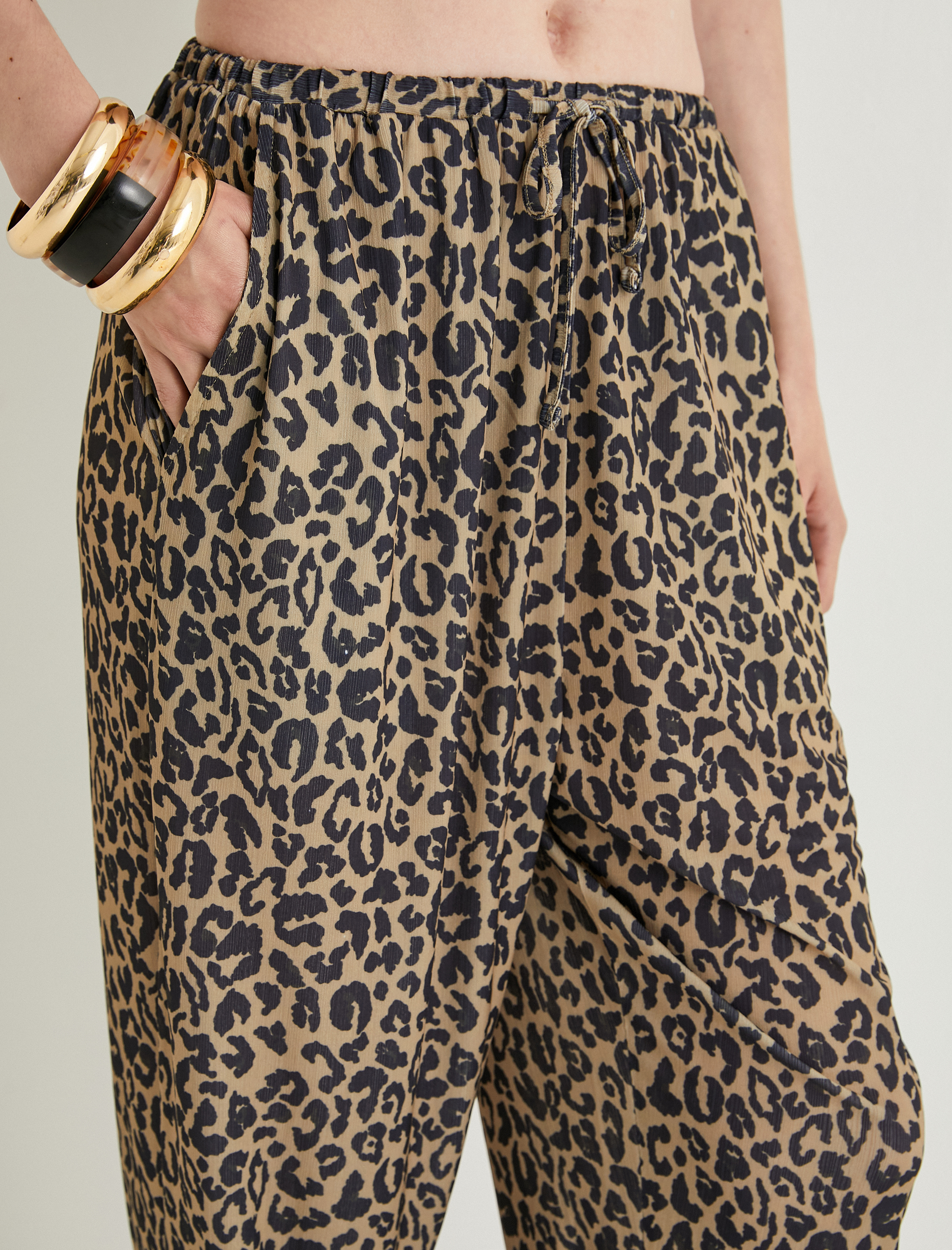   Leopar Desenli Pantolon Cepli Beli Bağlamalı