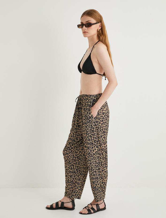  Leopar Desenli Pantolon Cepli Beli Bağlamalı