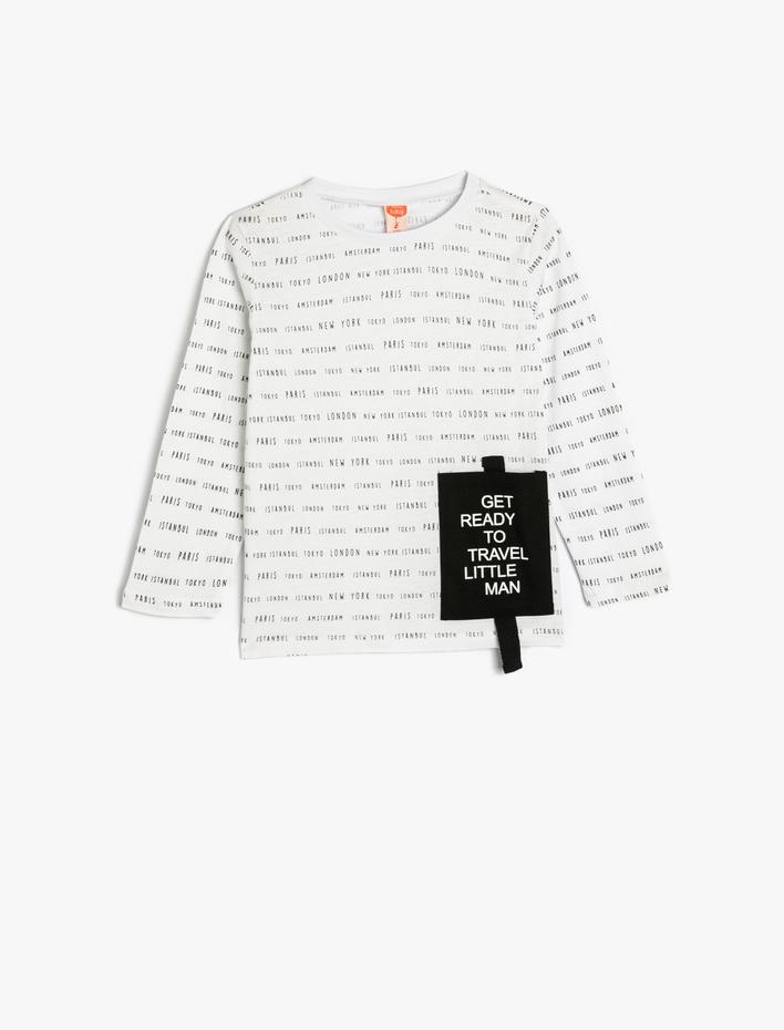 Erkek Bebek Tişört Uzun Kollu Cep Detaylı Şehir Baskılı Bisiklet Yaka Pamuklu