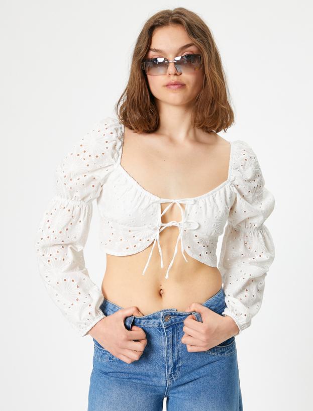 Fisto Crop Bluz Balon Kol Kalp Yaka Bağlama Detaylı Slim Fit_2