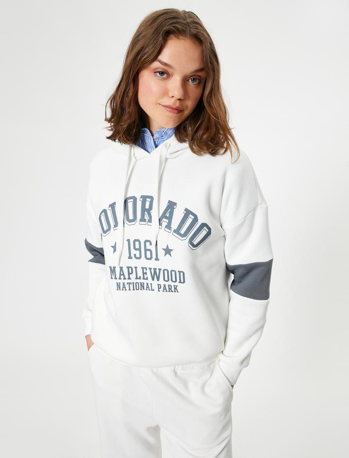  Şardonlu Oversize Kolej Baskılı Sweatshirt Kapüşonlu Renk Bloklu