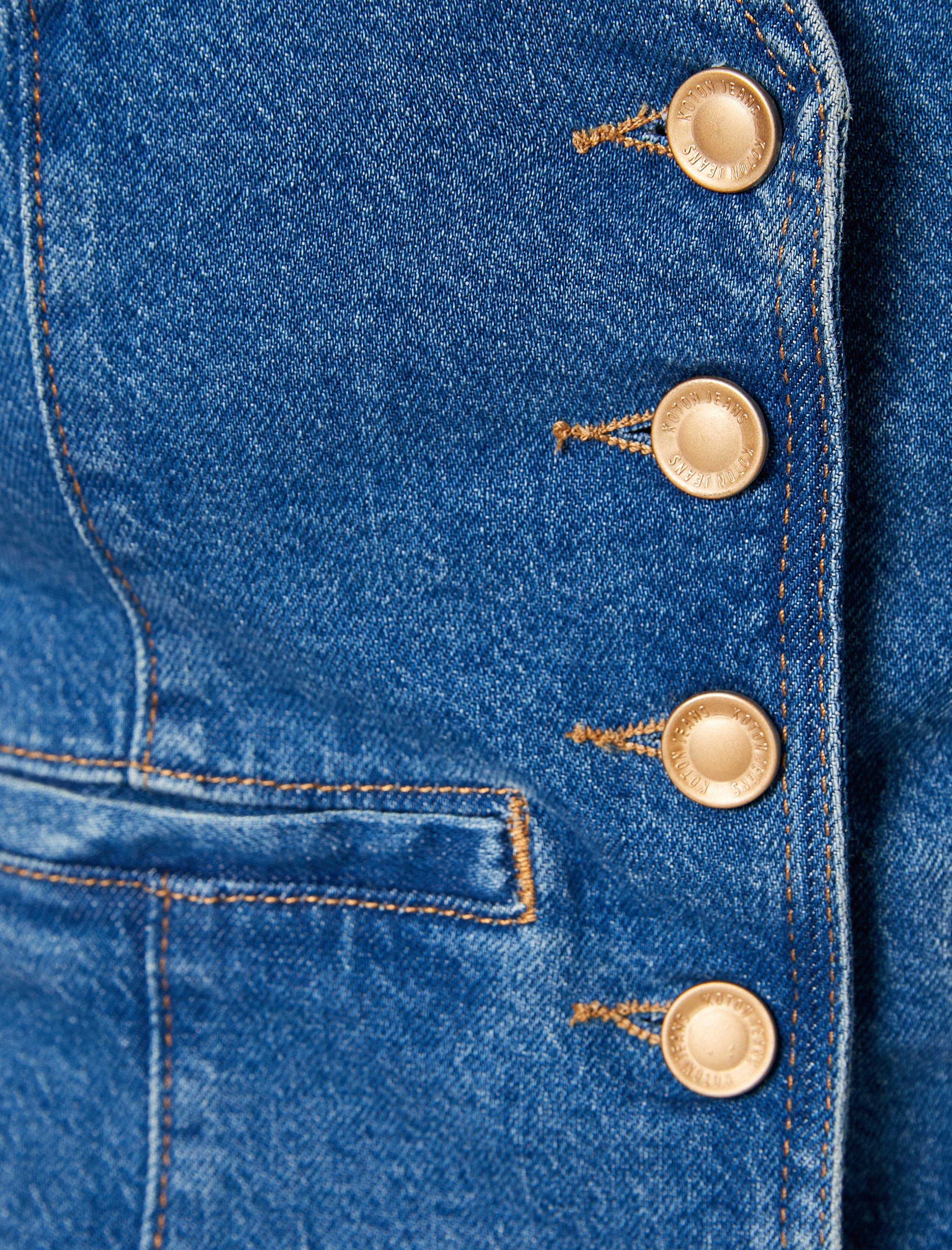 Kolsuz Düğmeli V Yaka Denim Yelek - Slim Fit