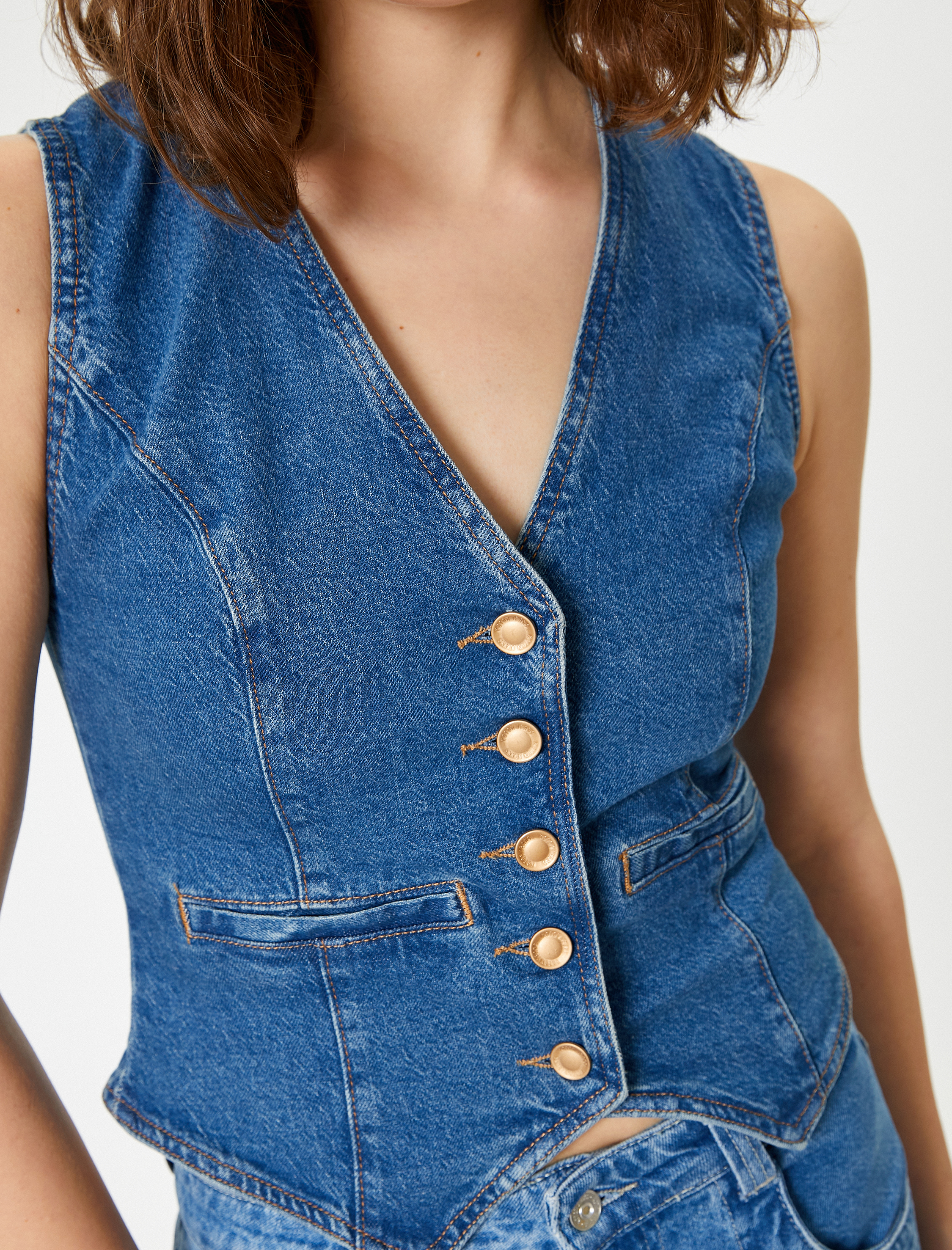 Kolsuz Düğmeli V Yaka Denim Yelek - Slim Fit