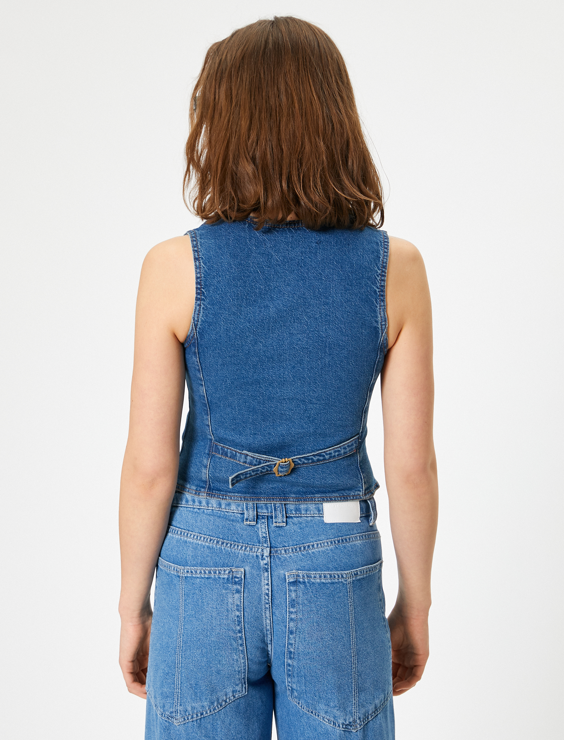 Kolsuz Düğmeli V Yaka Denim Yelek - Slim Fit