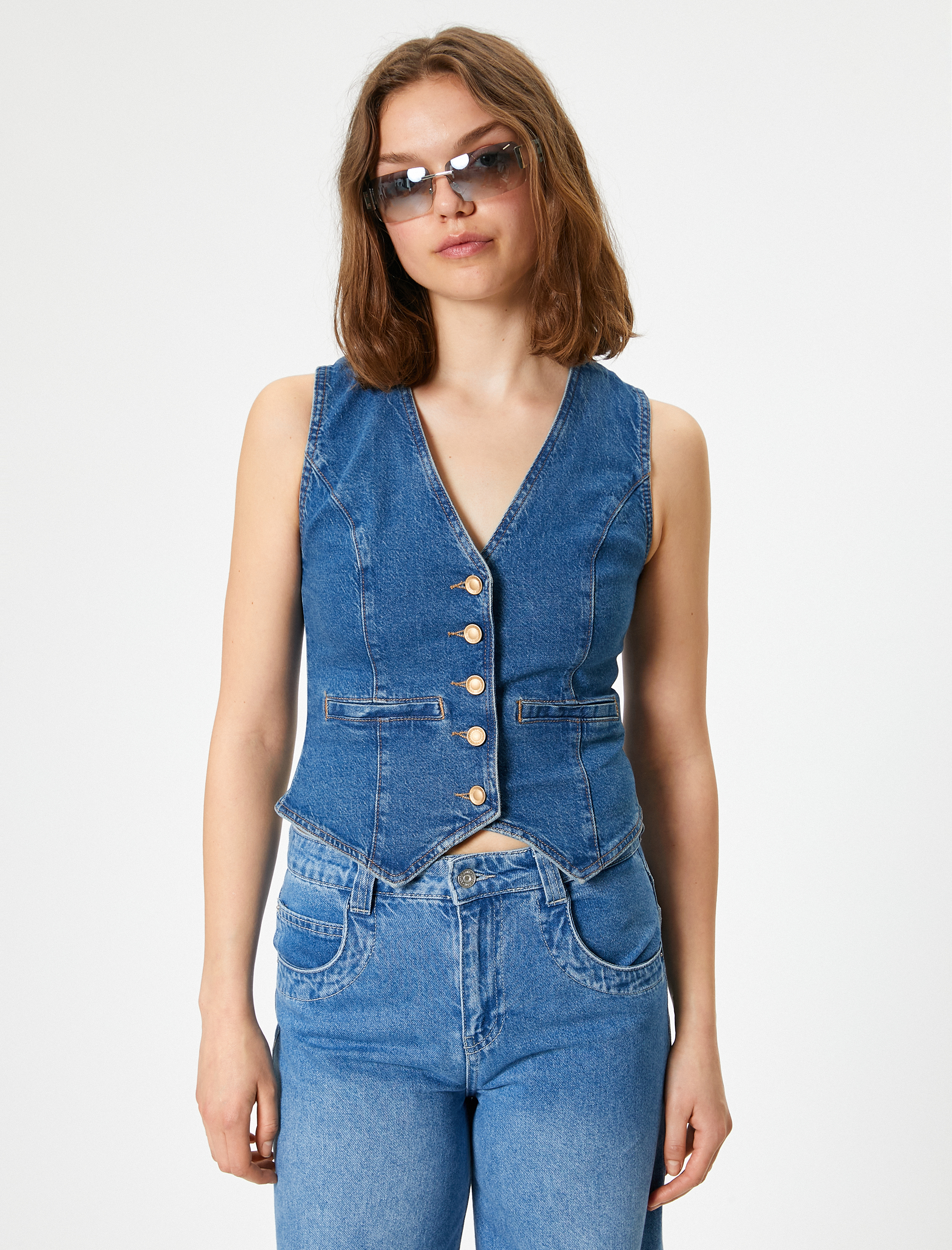 Kolsuz Düğmeli V Yaka Denim Yelek - Slim Fit