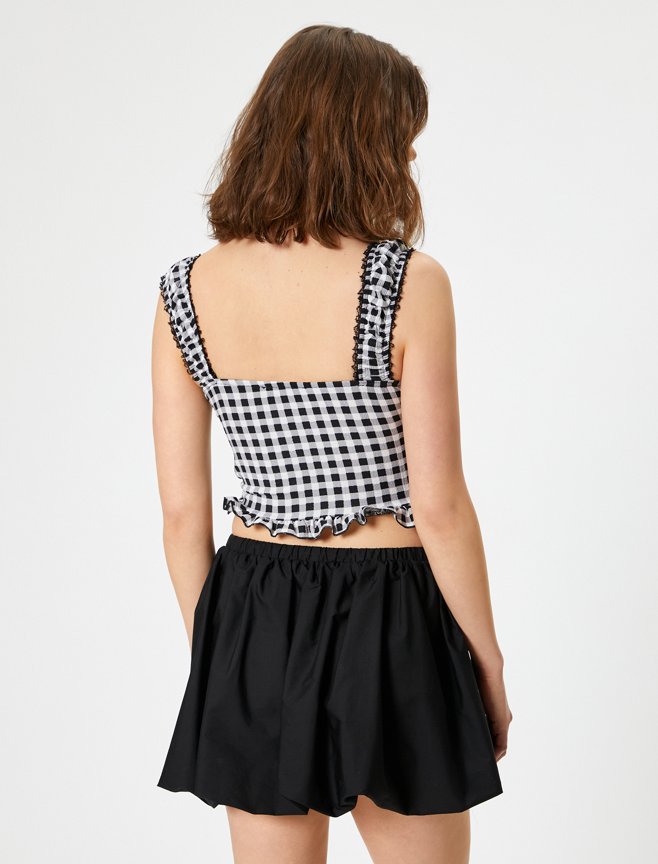   Kareli Crop Bluz Askılı Dantel Detaylı Fırfırlı Slim Fit Bürümcük